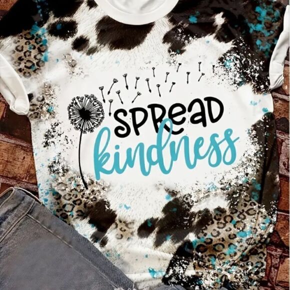 NEW! Boho Spread Kindness Graphic Print T Shirt Dandelion Trendy Leopard Cow - Picture 2 of 3